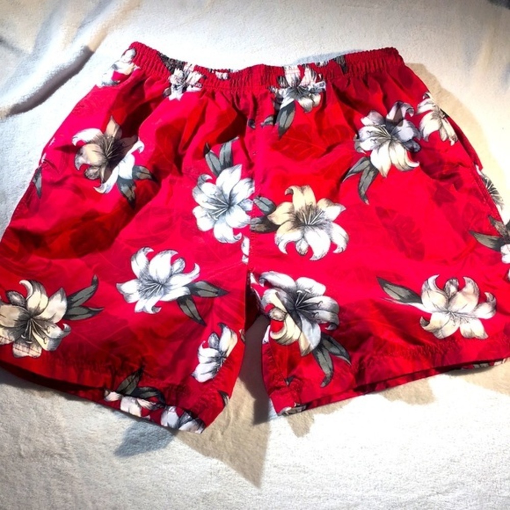Mens Sauce Red Floral Print Swim Trunks